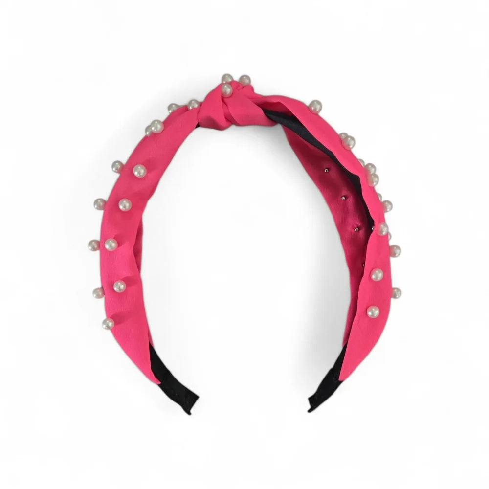 Pink Pearl-Embellished Knotted Headband